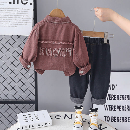 Boys Brown Solid Denim Jacket With Printed T-Shirt & Denim Pants Set Sets