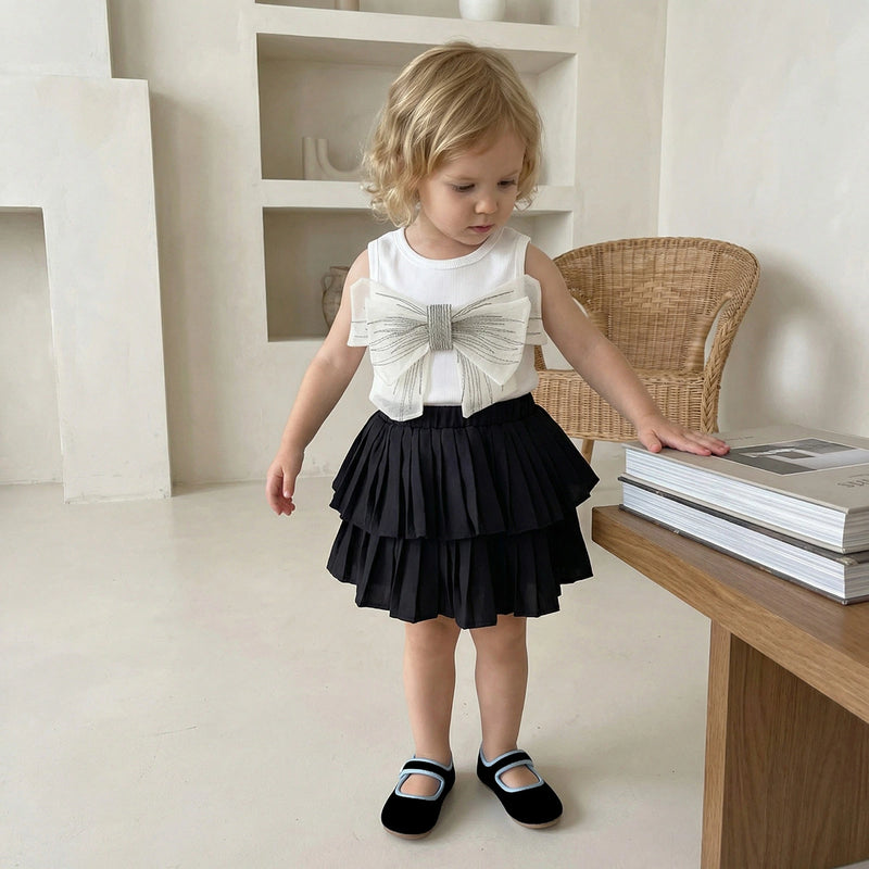 Girls Bow Applique Sleeveless Top With Black Skorts Set Sets Black 1-2 Y
