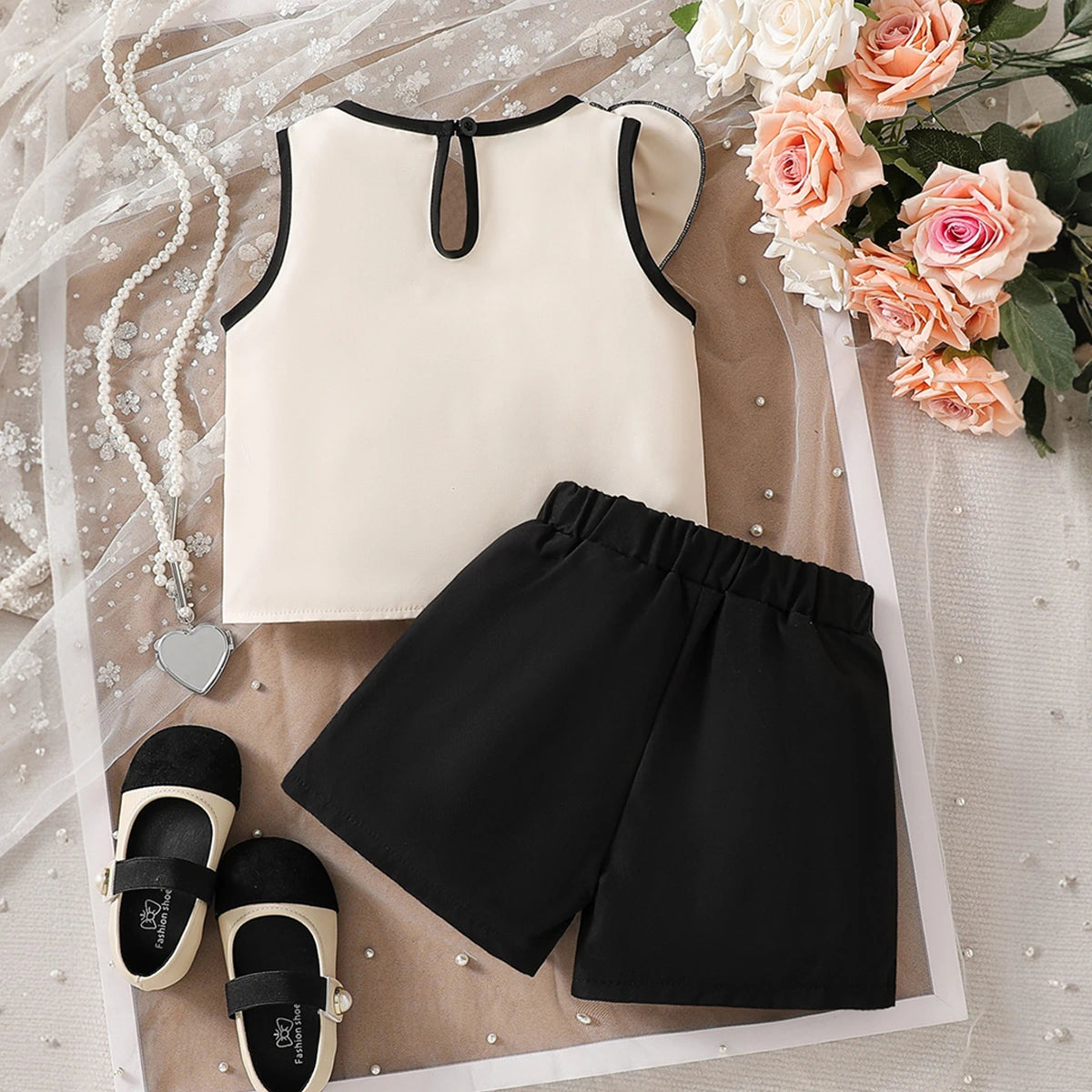 Girls Cream Embellished Sleeveless Ruffle Top With Shorts Sets 2 pc. Sets