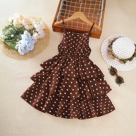 Girls Brown Polka Dot Print Sleeveless Layered Dress Casual Dresses Brown 3-4 Y
