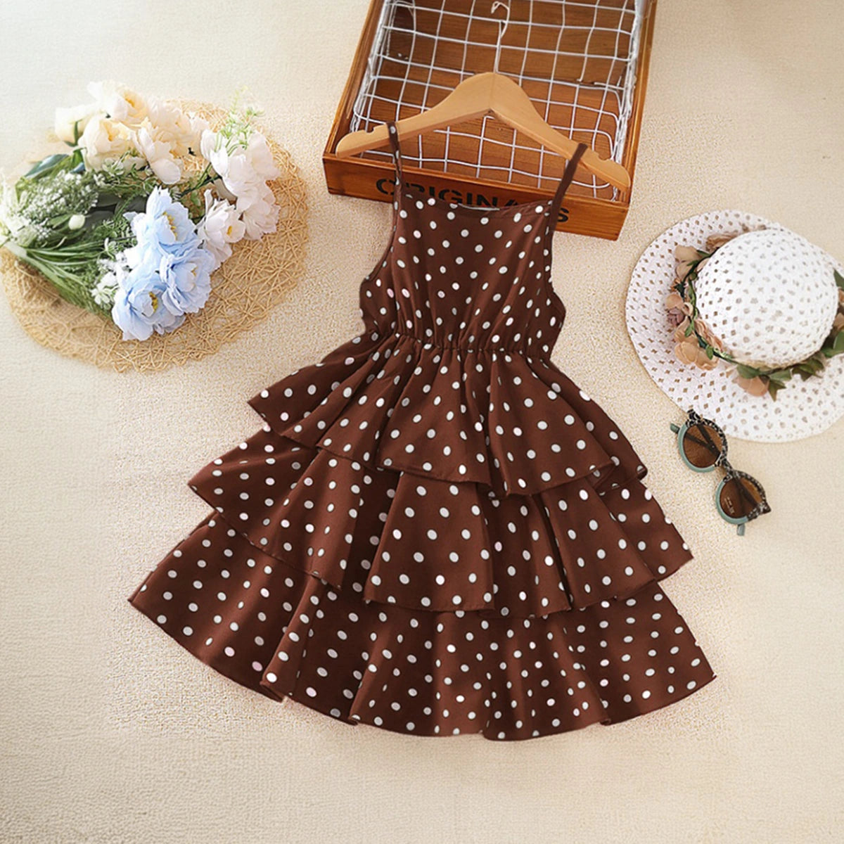 Girls Brown Polka Dot Print Sleeveless Layered Dress Casual Dresses Brown 3-4 Y