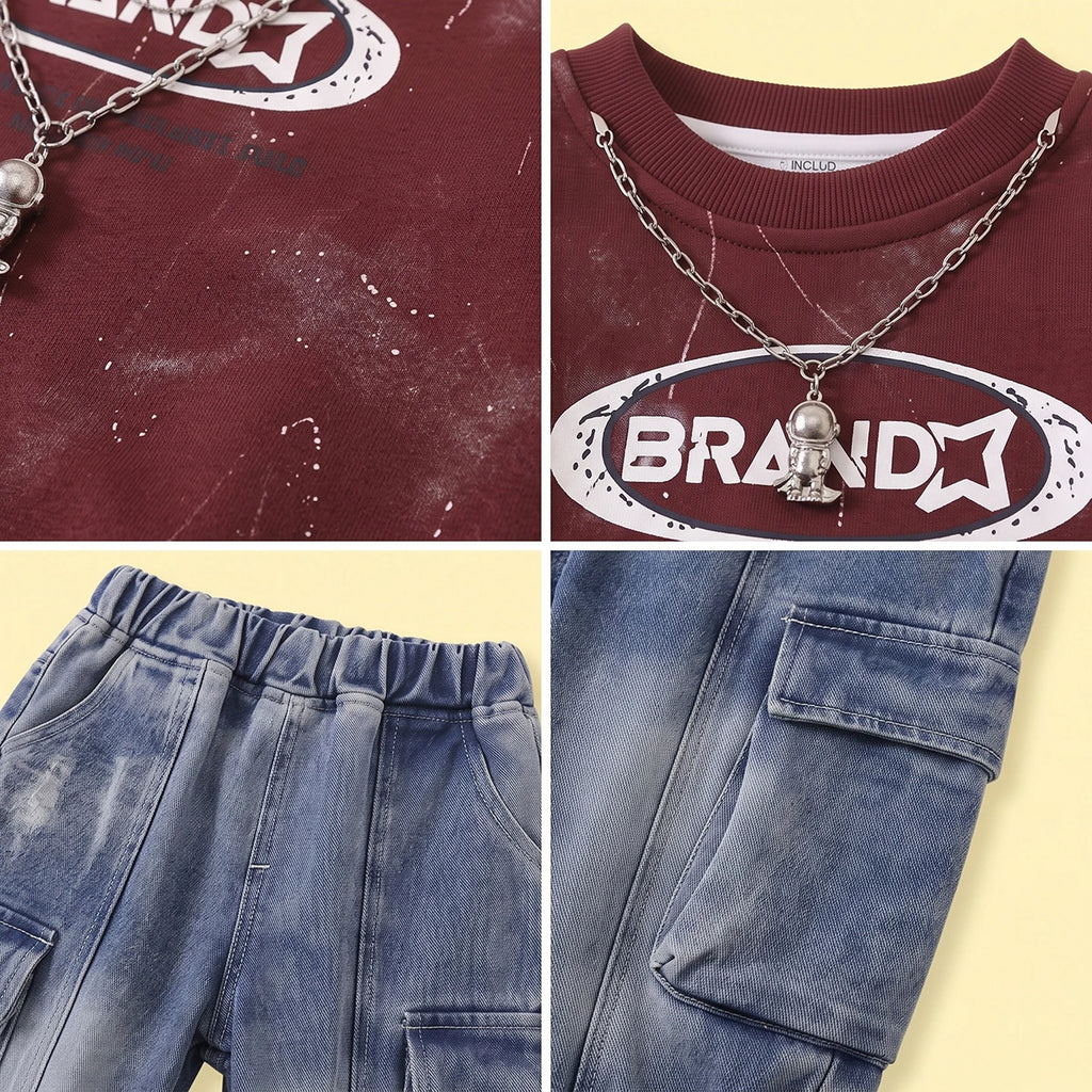 Boys Maroon Typographic Sweatshirt & Denim Cargo Pants Sets Sets
