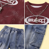 Boys Maroon Typographic Sweatshirt & Denim Cargo Pants Sets Sets