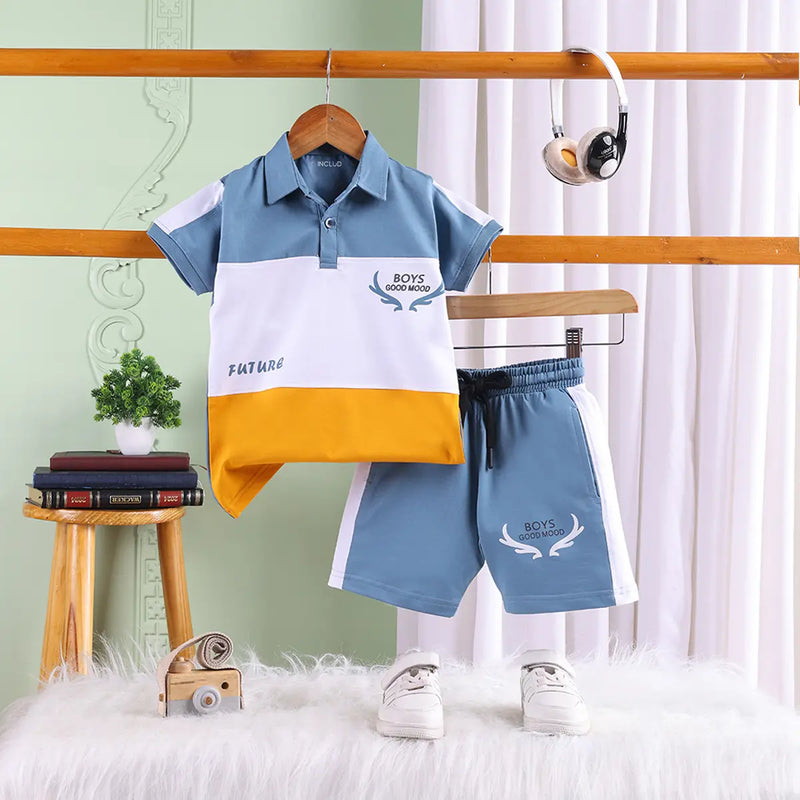 Boys Multicolor Typographic Printed Polo T-Shirt With Elasticated Shorts Sets Sets Multicolor 2-3 Y