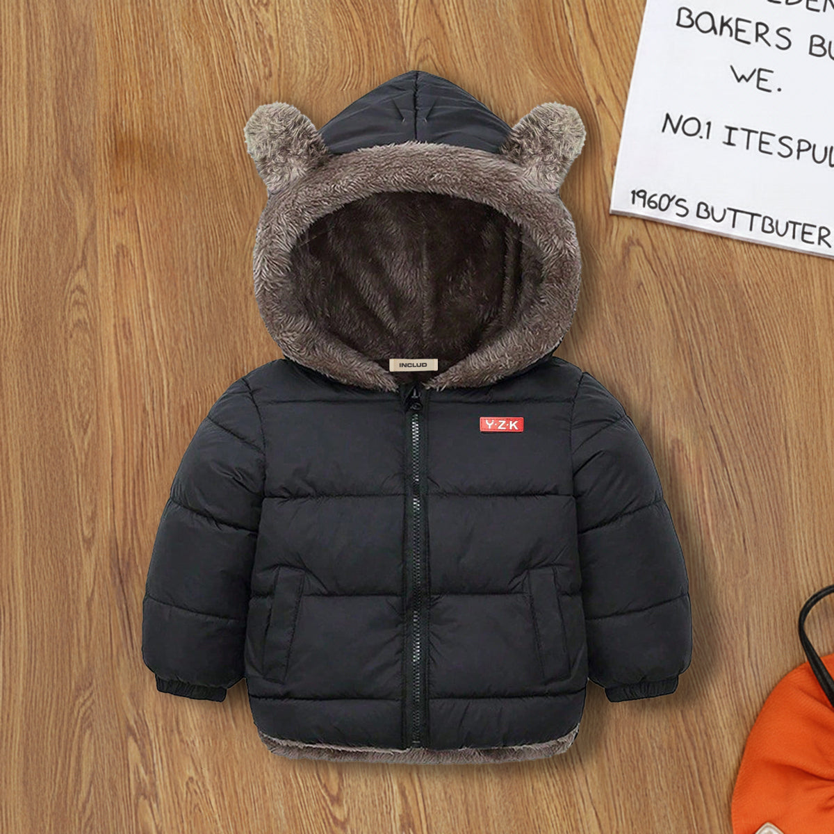 Boys Black Zip-up Puffer Jacket With Bear Ear On Hood Coats & Jackets Black 1-2 Y