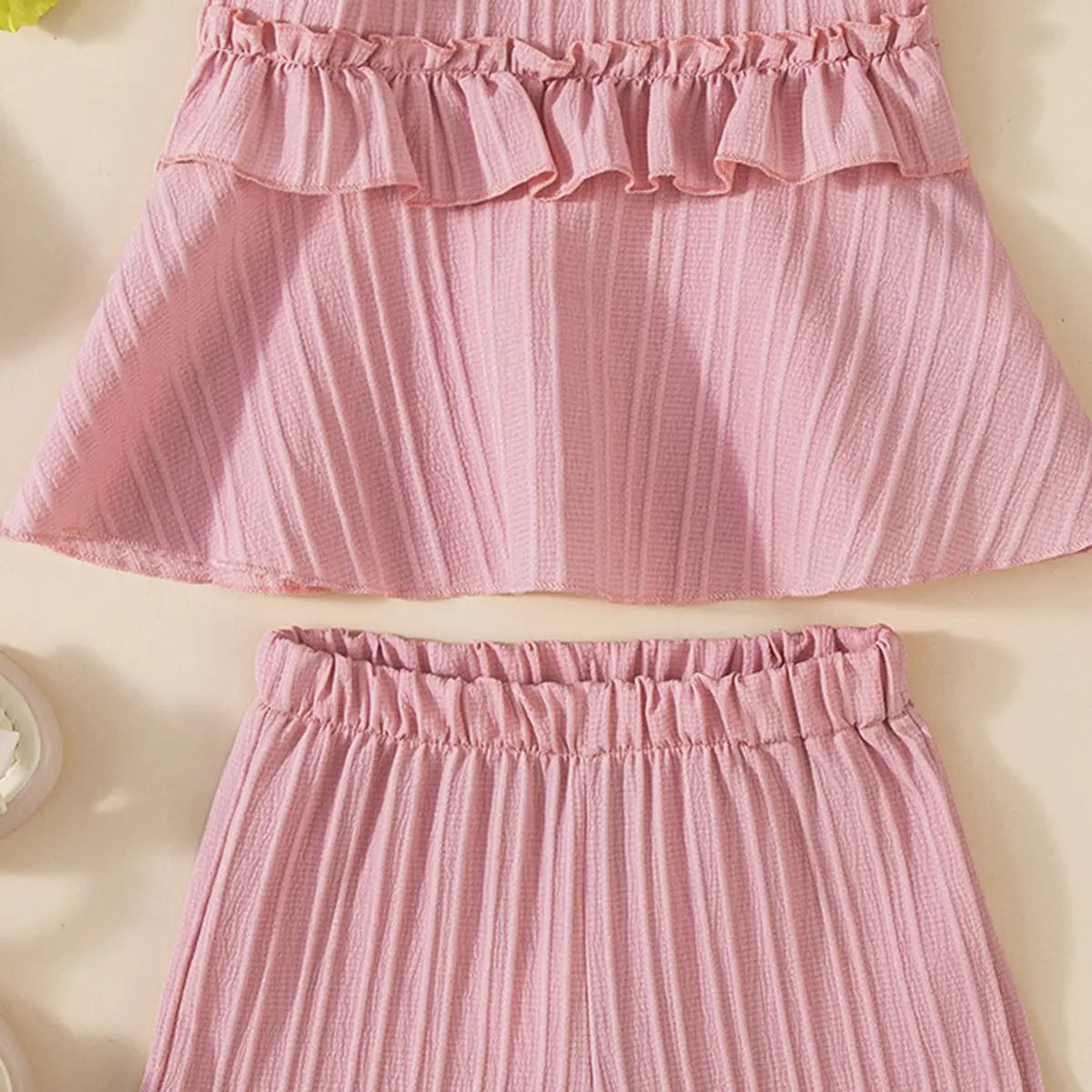 Girls Dusty Pink Stripes Sleeveless Top With Ruffle Hem Shorts Co-ord Sets Sets