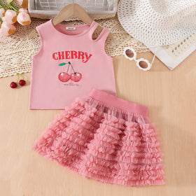 Girls Pink Cherry Print Sleeveless Top With Ruffled Tulle Skirt Sets Sets Pink 3-4 Y