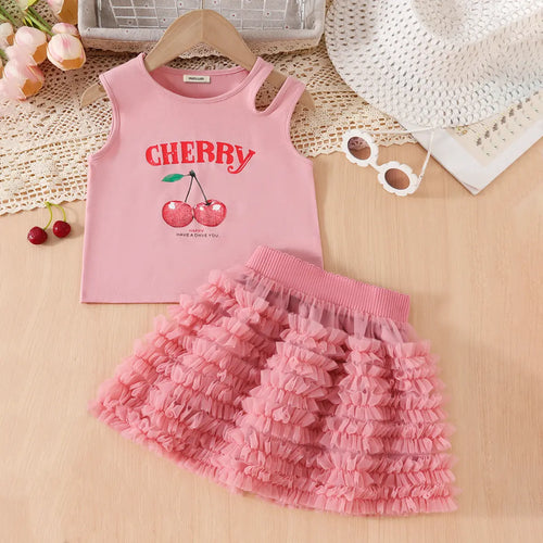 Girls Pink Cherry Print Sleeveless Top With Ruffled Tulle Skirt Sets Sets Pink 3-4 Y