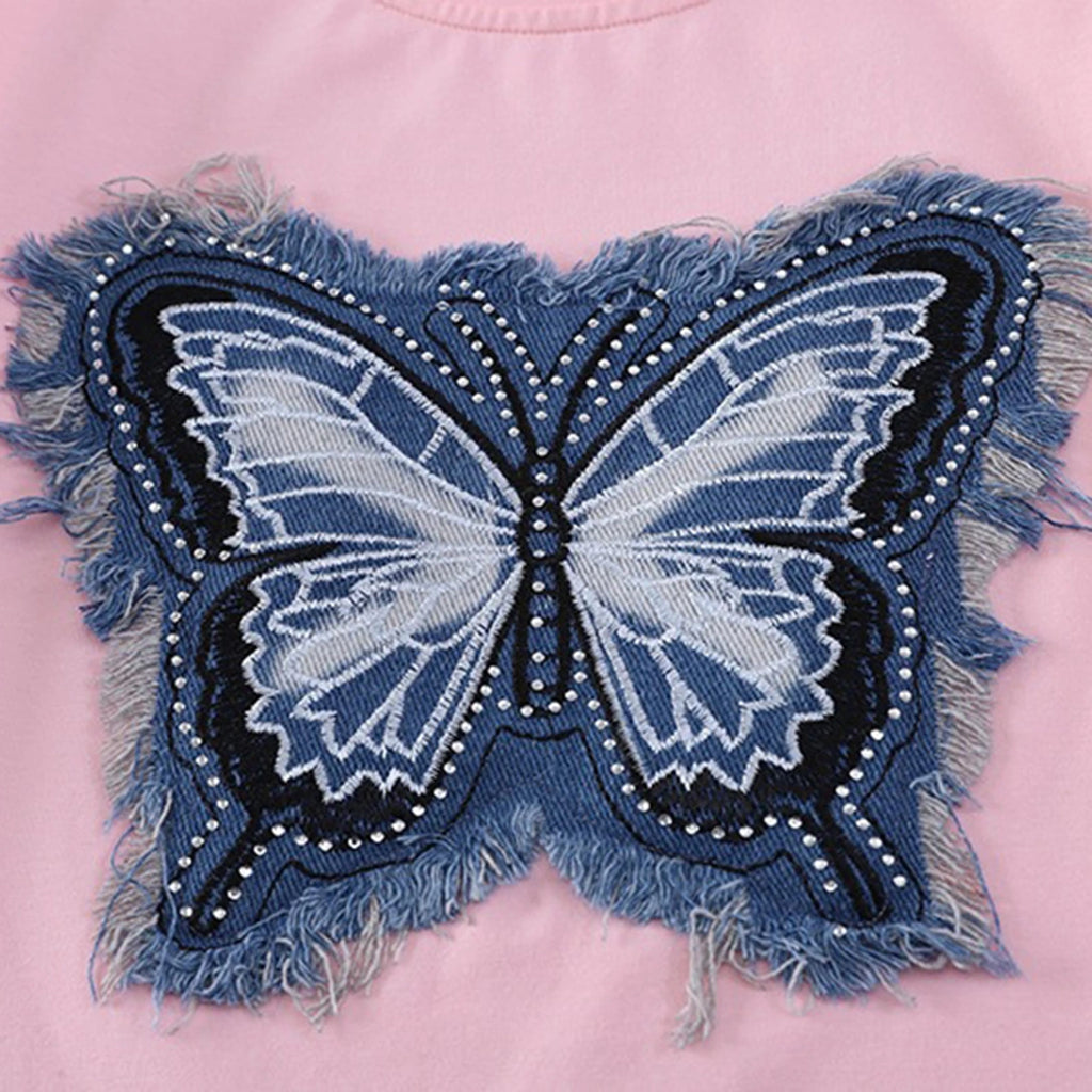 Girls Light Pink Butterfly Printed Half Sleeve T-Shirt With Denim Skirt Sets 2 pc. Sets
