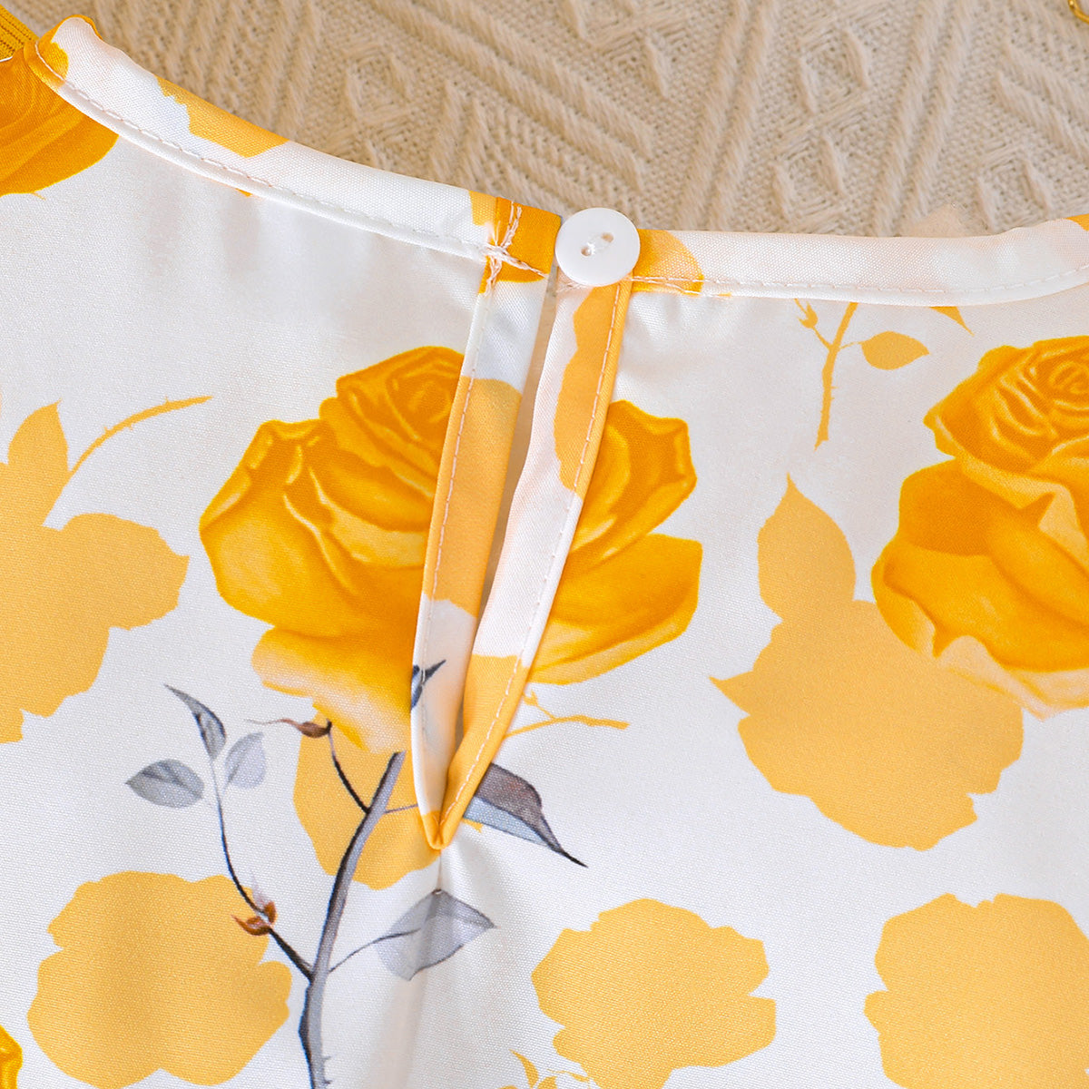 Girls Yellow Long Sleeve Top With Sleeveless Floral Print Dress Casual Dresses