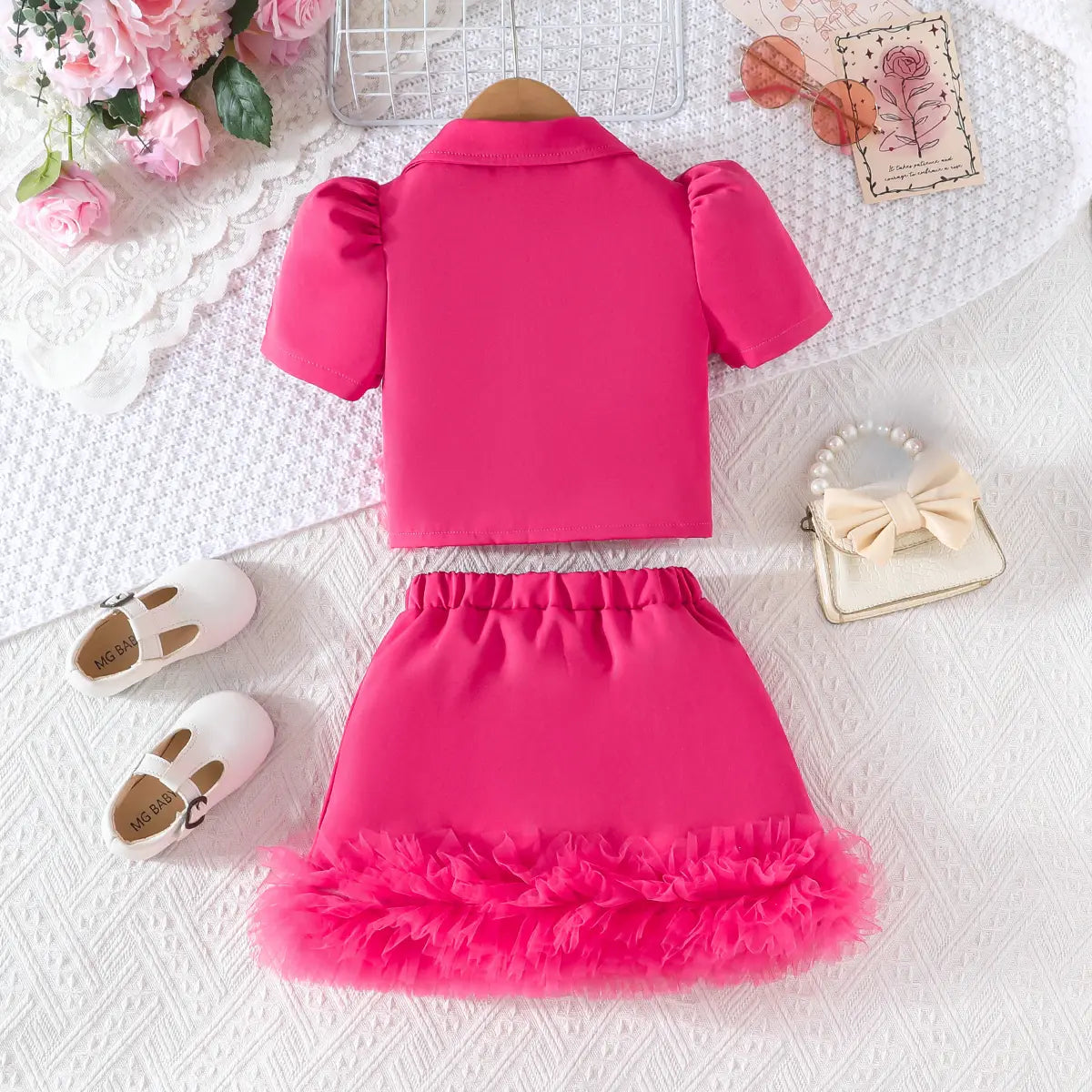 Girls Fuchsia Embellished Lapel Collar Blazer Top With Skirt Co-ord Sets Sets