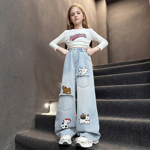 Girls Light Blue Animal Applique Baggy Fit Denim Jeans Pants Light Blue 5-6 Y