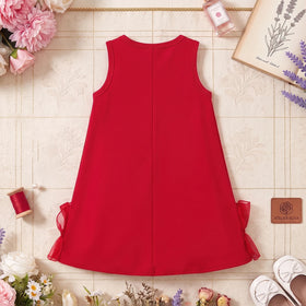 Girls Red Bow Applique Sleeveless A-line Dress Casual Dresses