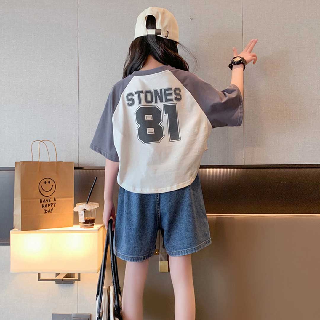 Girls Graphic Print T-Shirt With Denim Shorts Set Sets   
