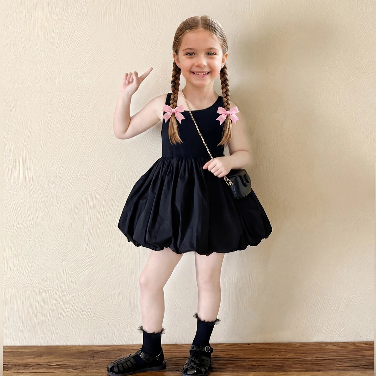 Girls Black Criss-Cross Back Sleeveless Balloon Dress Casual Dresses Black 1-2 Y