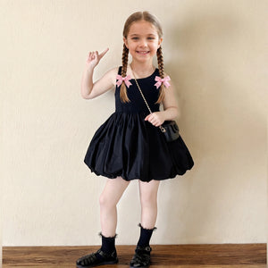 Girls Black Criss-Cross Back Sleeveless Balloon Dress Casual Dresses Black 1-2 Y