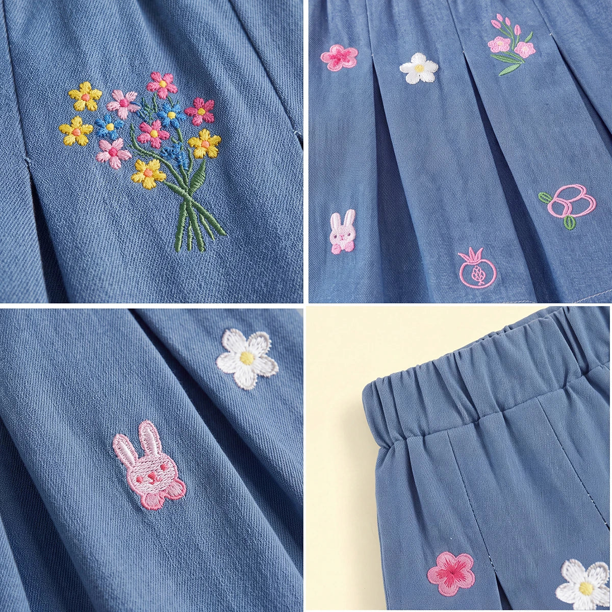 Girls Blue Floral Embroidered Denim Shorts Shorts