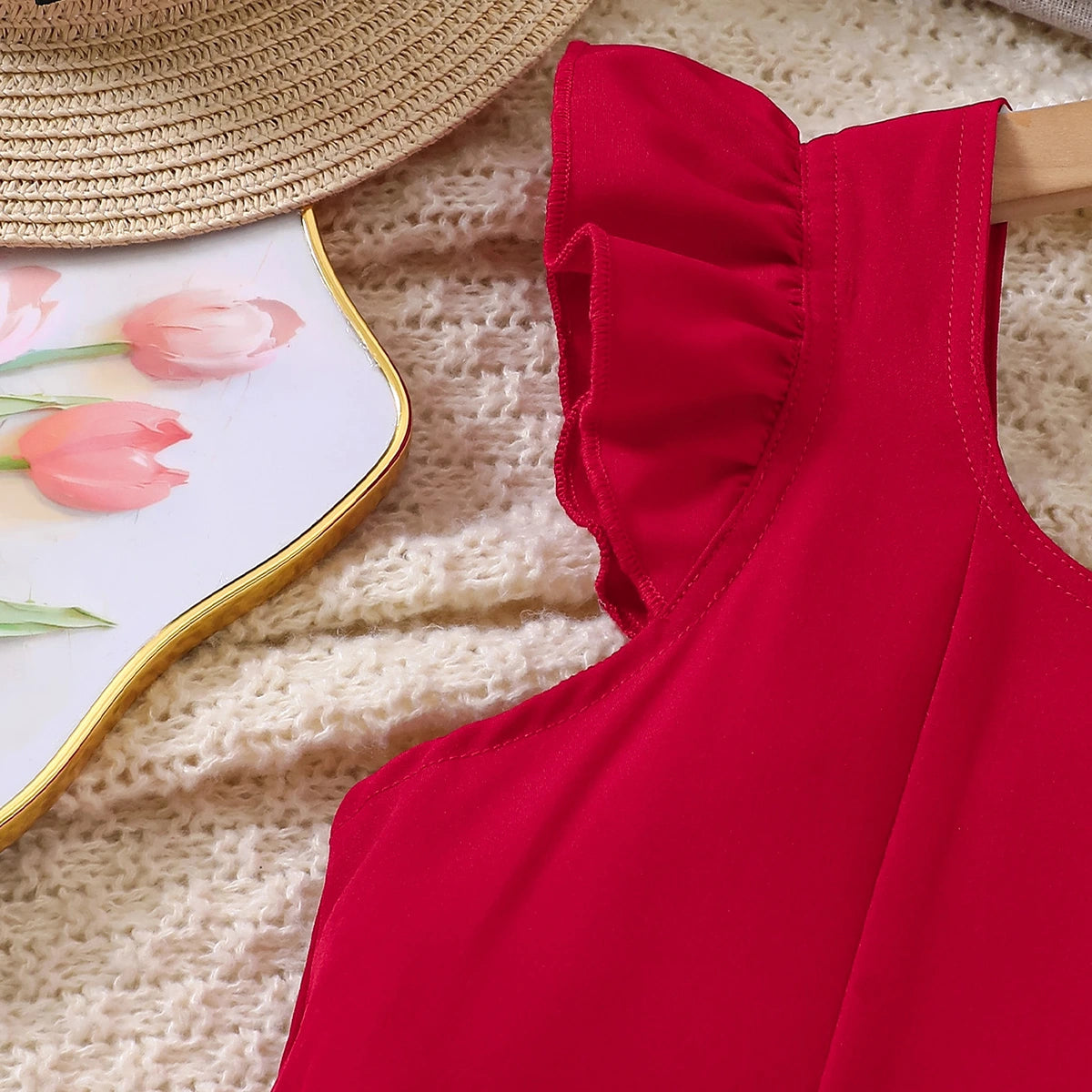 Girls Red Solid Summer Tiered Dress With Bow Details Casual Dresses