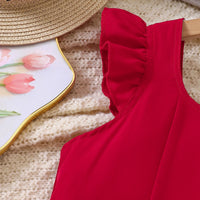 Girls Red Solid Summer Tiered Dress With Bow Details Casual Dresses