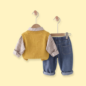 Boys Yellow Graphic Sweater Vest & Shirt With Denim Pants Sets Sets