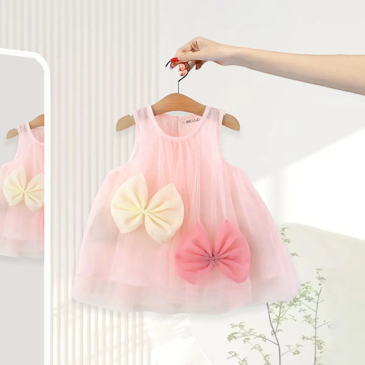 Girls Pink Bow Detailed A-Line Dress Casual Dresses Pink 1-2 Y