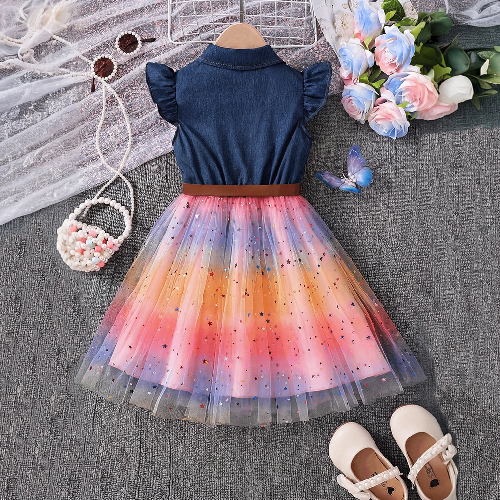 Girls Blue Star Foil Print Flutter Sleeve Fit & Flare Dress Casual Dresses