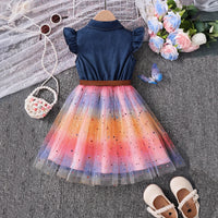 Girls Blue Star Foil Print Flutter Sleeve Fit & Flare Dress Casual Dresses