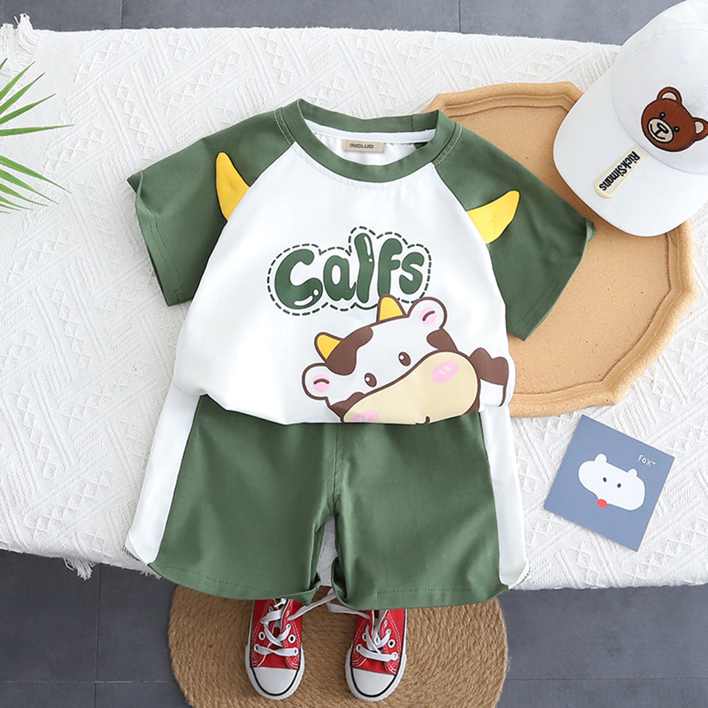 Boys Green Short Sleeve Cow Print T-Shirt With Shorts Set 2 pc. Sets