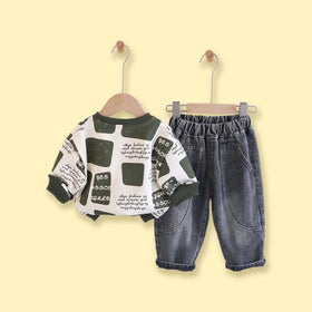 Boys Green Typographic Sweatshirt & Denim Pants Sets Sets