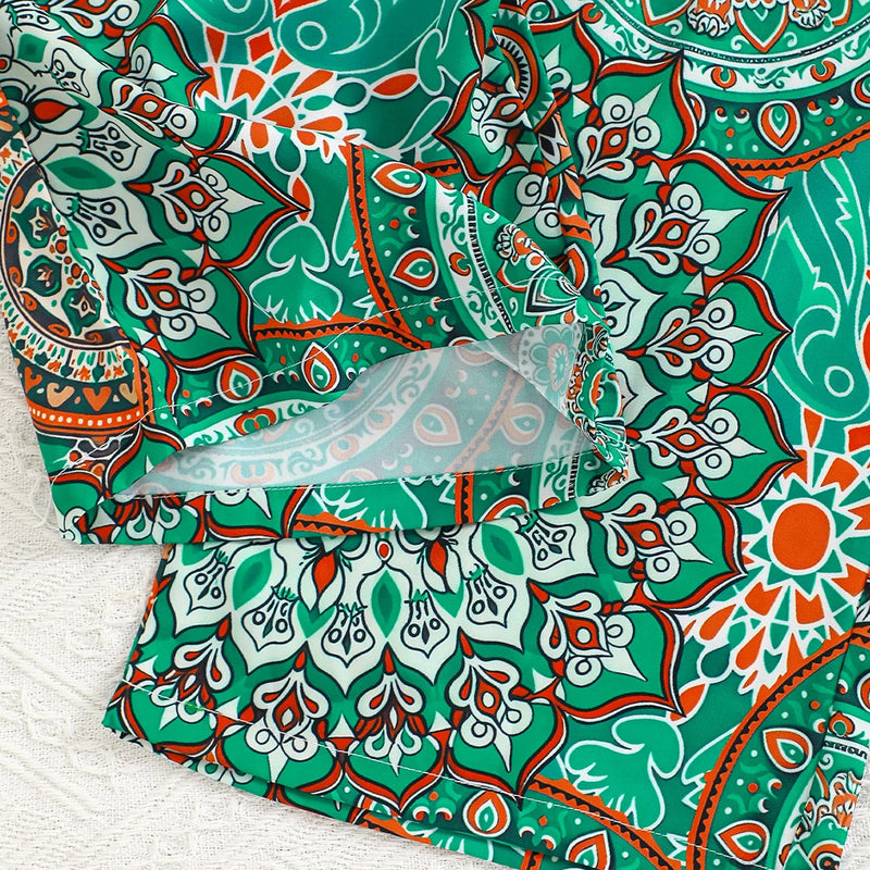 Girls Bright Green Ruffle Layered Top With Paisley Print Pants Set Sets