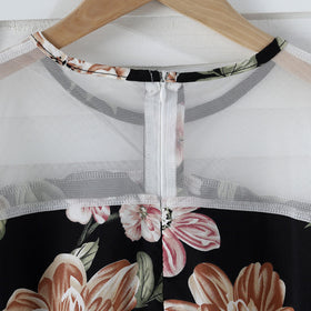 Girls Black Floral Printed Net Puff Sleeves Dress Casual Dresses