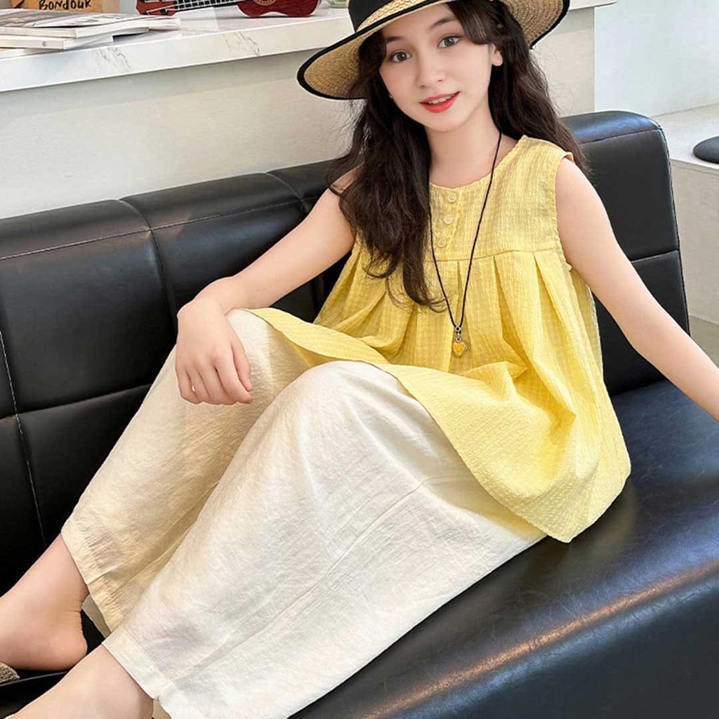 Girls Sleeveless Empire Line Top With Pants Set Sets   