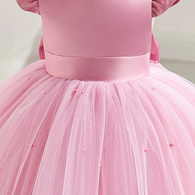 Girls Pink Pearl-Embellished Flutter Sleeve Fit & Flare Dress Casual Dresses
