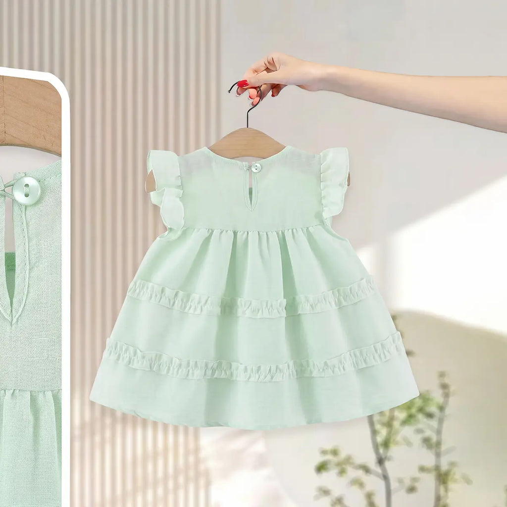 Girls Light Green Mushroom Applique Round Neck Tiered Dress Casual Dresses