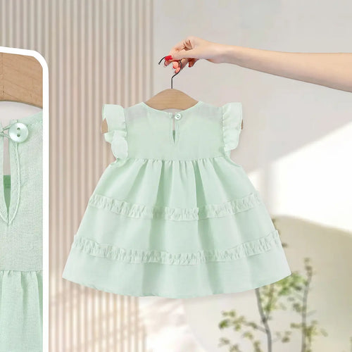 Girls Light Green Mushroom Applique Round Neck Tiered Dress Casual Dresses