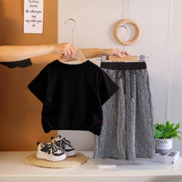 Girls Black Frayed-Denim Star Applique T-Shirt With Wide-Leg Textured Pant Sets Sets