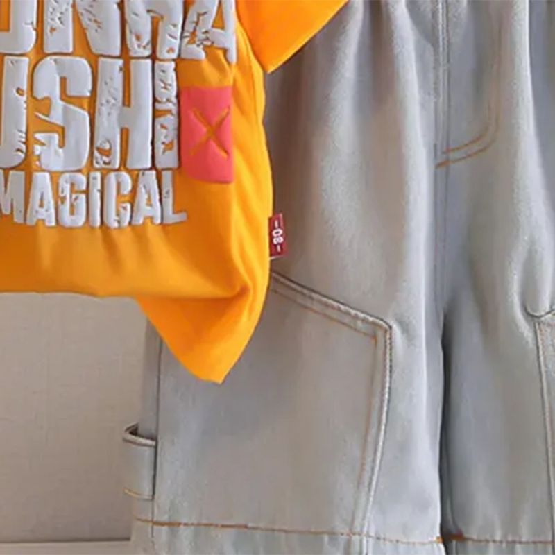 Boys Orange Typographic Printed T-shirt With Denim Shorts Sets Sets