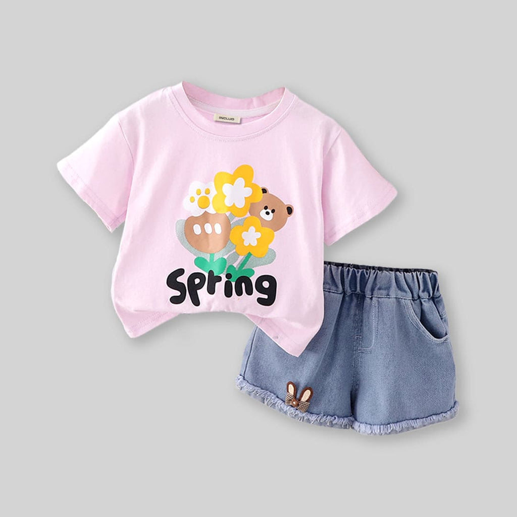 Girls Purple Printed T-shirt with Denim Shorts Set Sets Purple 1-2 Y 