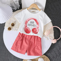 Girls White Headphones Printed T-Shirt With Cargo Shorts Sets Sets White 3-4 Y