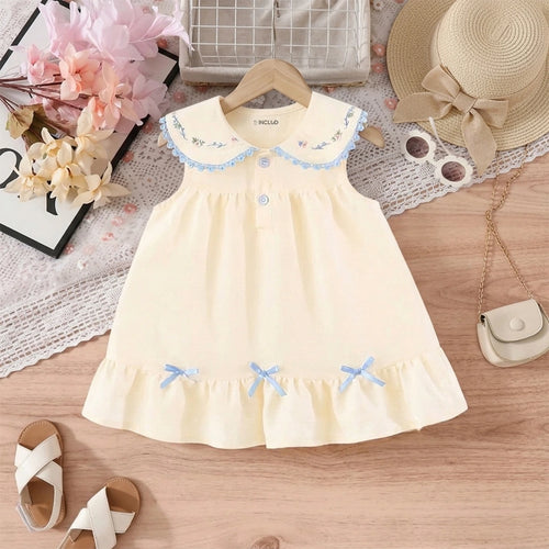 Girls Apricot Embroidered Peter Pan Collar A-Line Dress Casual Dresses Apricot 1-2 Y