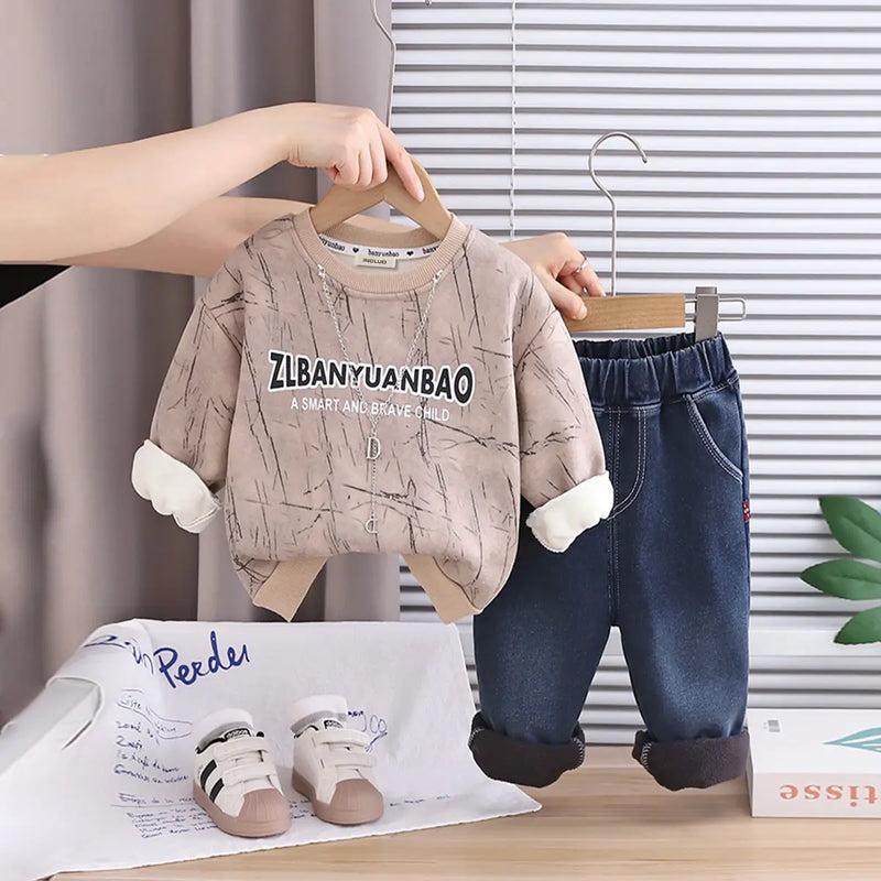 Boys Khaki Abstract Printed Sweatshirt With Denim Pants Set Sets Khaki 1-2 Y