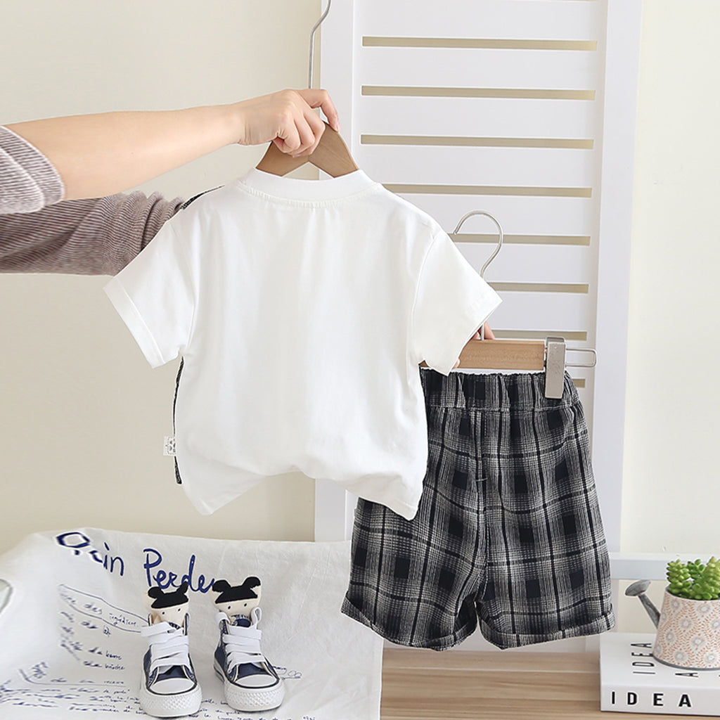 Boys Black Checked Mock Waistcoat T-Shirt With Shorts Set 2 pc. Sets