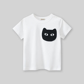 Girls Cat Patch Casual T-Shirt Tshirts   