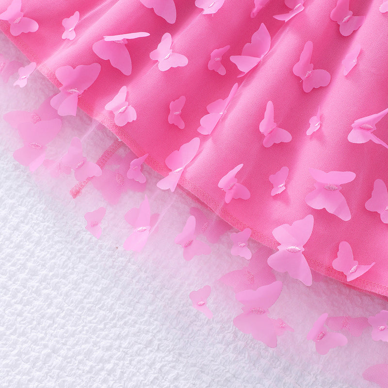 Girls Pink Butterfly Applique Tulle Overlay Fit & Flare Casual Dress Casual Dresses