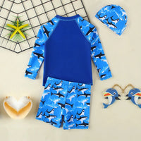 Boys Blue Shark Printed Long Sleeves T-Shirt & Shorts With Cap Swimsuit Sets Sets
