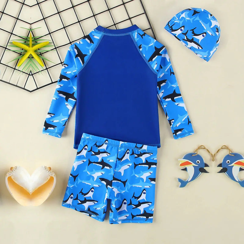 Boys Blue Shark Printed Long Sleeves T-Shirt & Shorts With Cap Swimsuit Sets Sets