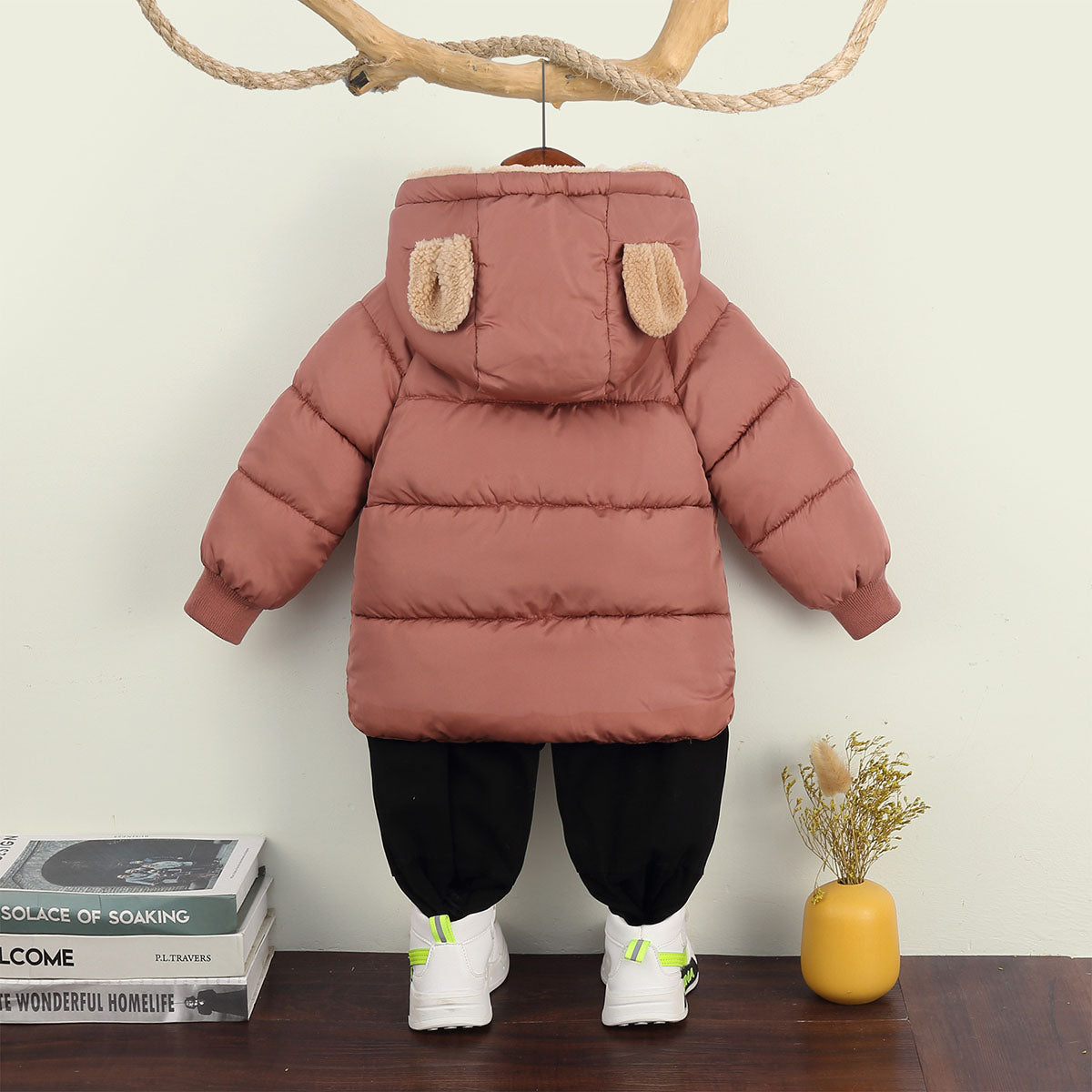Girls Dusty Rose Solid Hooded Quilted Down Jacket Coats & Jackets