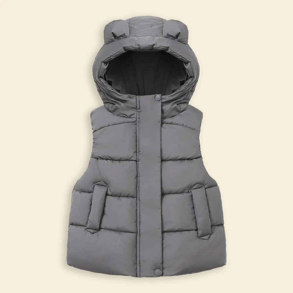 Girls Grey Sleeveless Bear Ear On Hood Quilted Zip-up Jacket Coats & Jackets Grey 1-2 Y