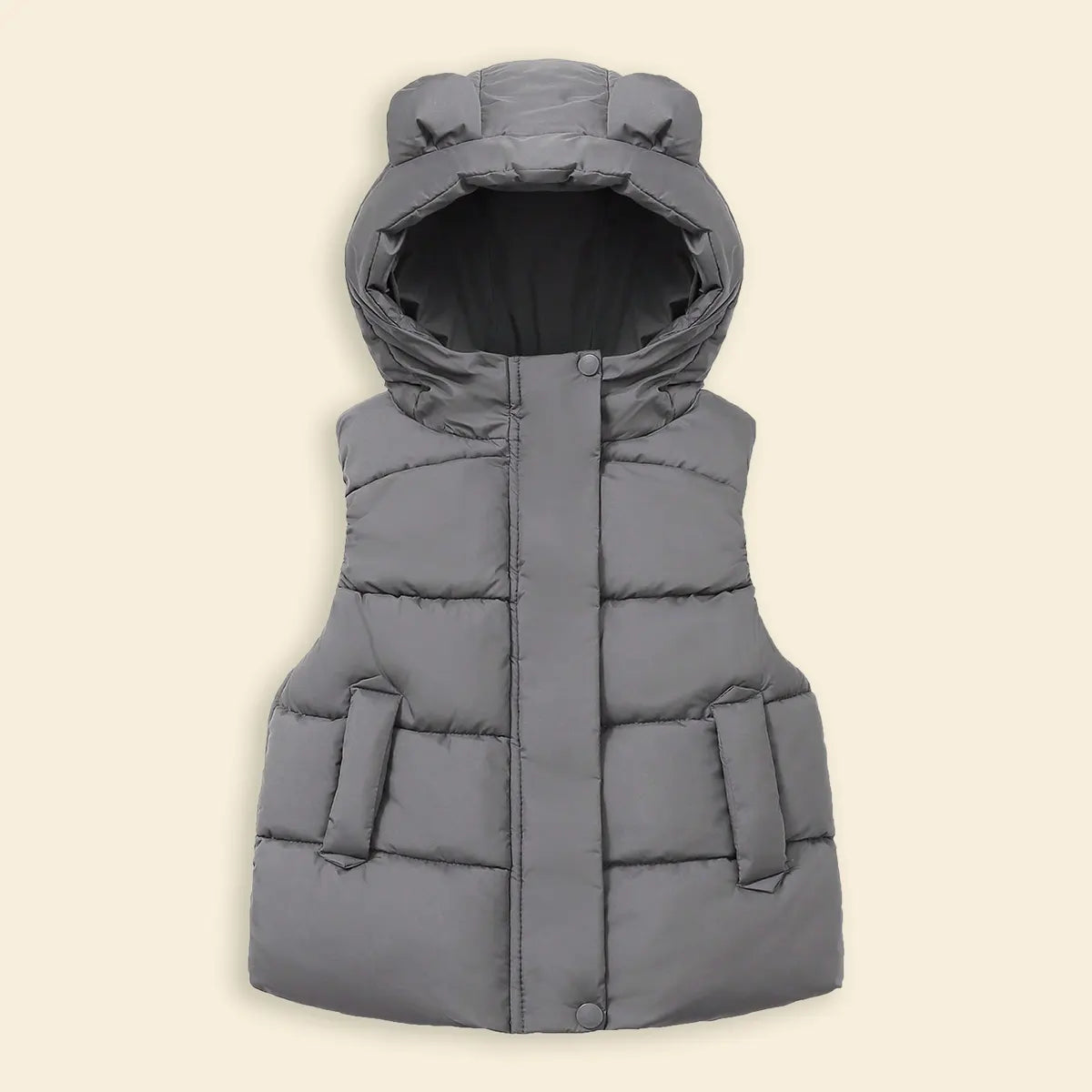 Girls Grey Sleeveless Bear Ear On Hood Quilted Zip-up Jacket Coats & Jackets Grey 1-2 Y
