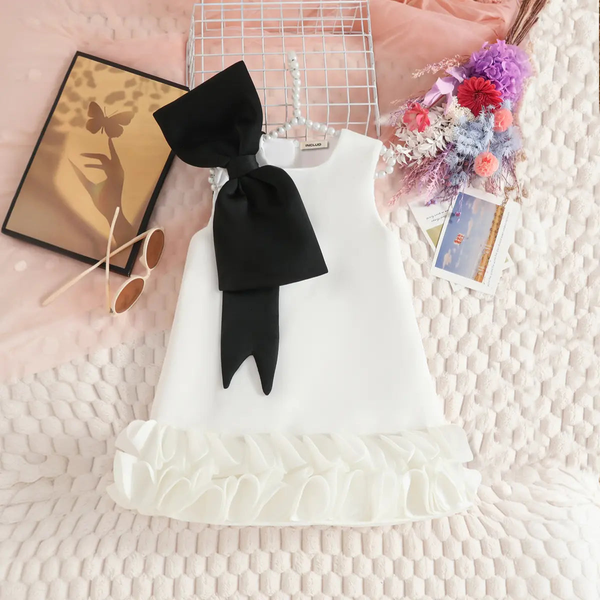 Girls White Sleeveless A-line Party Wear Dress With Bow Applique Party Dresses White 2-3 Y